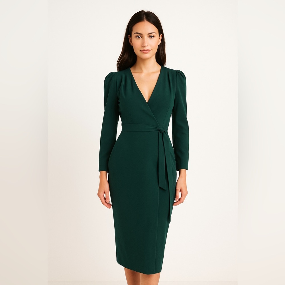 JJs House True Wrap Tea-Length Stretch Crepe Cocktail Dress With Ruffle Green 2